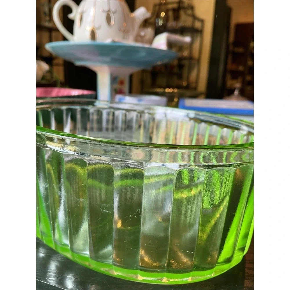 Vintage Uranium Glass Oval Ribbed Refrigerator Dish 7x5.25x2.5